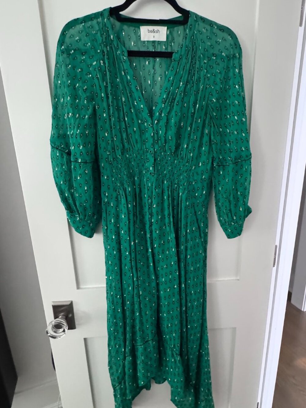ba&sh Cyana Metallic Dot Smocked Midi Dress - Green, Like New - Picture 2 of 9